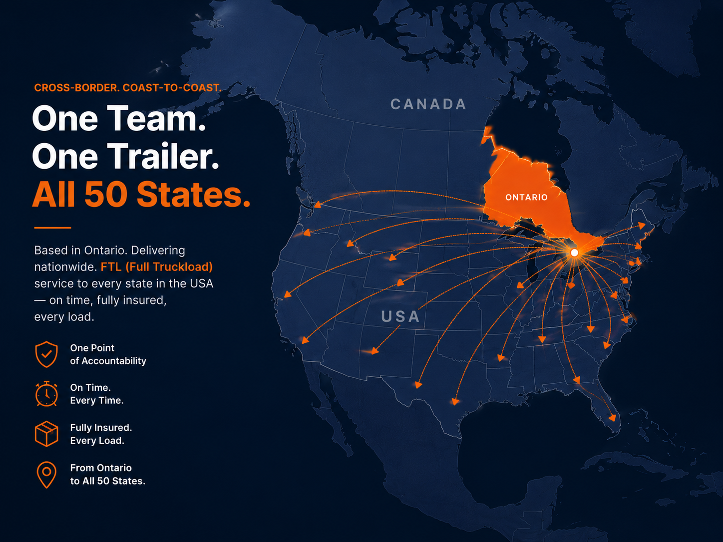 Coverage map: Ontario, Canada to all 50 United States